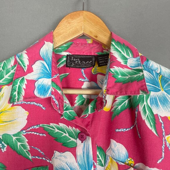 Vintage Hawaiian Shirt Bright Pink Tropical Floral Size Medium Vacation Funky - Picture 4 of 14